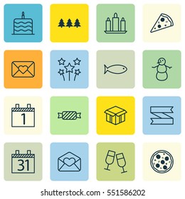 Set Of 16 Holiday Icons. Includes Holiday Ornament, Champagne Glasses, Date And Other Symbols. Beautiful Design Elements.