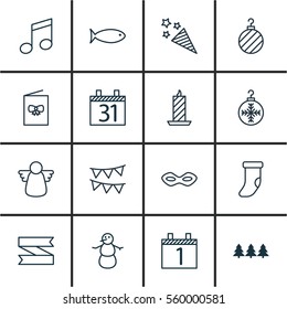 Set Of 16 Holiday Icons. Includes Celebration Card, Crotchets, Agenda And Other Symbols. Beautiful Design Elements.