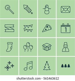 Set Of 16 Holiday Icons. Includes Open Cardboard, Air Ball, Holiday Ornament And Other Symbols. Beautiful Design Elements.