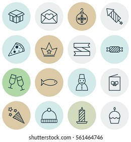 Set Of 16 Holiday Icons. Includes Open Cardboard, Celebration Card, Firework And Other Symbols. Beautiful Design Elements.