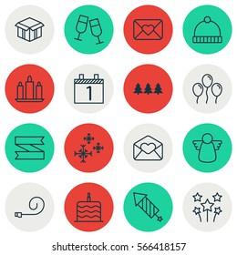Set Of 16 Holiday Icons. Includes Wax, Archangel, Champagne Glasses And Other Symbols. Beautiful Design Elements.