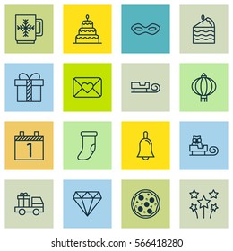 Set Of 16 Holiday Icons. Includes Traditional Lamp, Brilliant, Dessert And Other Symbols. Beautiful Design Elements.