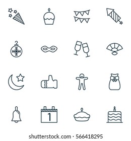Set Of 16 Holiday Icons. Includes Japan Souvenir, Birthday Cake, Flan And Other Symbols. Beautiful Design Elements.