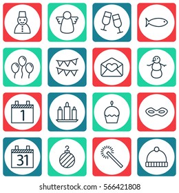 Set Of 16 Holiday Icons. Includes Decorative Flags, Agenda, Wax And Other Symbols. Beautiful Design Elements.