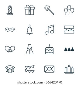 Set Of 16 Holiday Icons. Includes Snow Person, Decorative Flags, Wax And Other Symbols. Beautiful Design Elements.