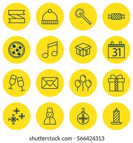 Set Of 16 Holiday Icons. Includes Pizza Meal, Date, Air Ball And Other Symbols. Beautiful Design Elements.