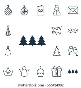Set Of 16 Holiday Icons. Includes Champagne Glasses, Gift, Celebration Letter And Other Symbols. Beautiful Design Elements.