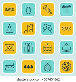 Set Of 16 Holiday Icons. Includes Crotchets, Pizza Meal, Christmas Ball And Other Symbols. Beautiful Design Elements.