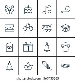 Set Of 16 Holiday Icons. Includes Sweet, Open Cardboard, Decorative Flags And Other Symbols. Beautiful Design Elements.