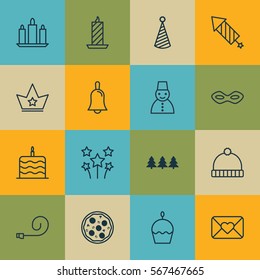 Set Of 16 Holiday Icons. Includes Carnival Face, Corona, Celebration Cake And Other Symbols. Beautiful Design Elements.