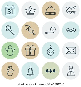 Set Of 16 Holiday Icons. Includes Firework, Holiday Ornament, Sparkles And Other Symbols. Beautiful Design Elements.
