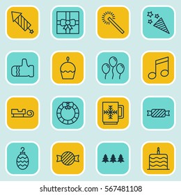 Set Of 16 Holiday Icons. Includes Crotchets, Holiday Ornament, Sparkles And Other Symbols. Beautiful Design Elements.