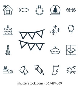 Set Of 16 Holiday Icons. Includes Decorative Flags, Birthday Hat, Balloon And Other Symbols. Beautiful Design Elements.