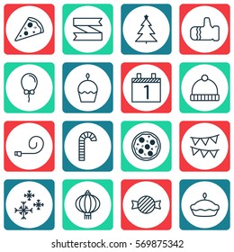 Set Of 16 Holiday Icons. Includes Lollipop, Knitted Cap, Balloon And Other Symbols. Beautiful Design Elements.