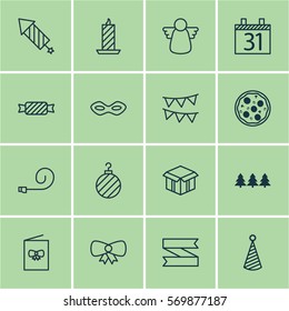 Set Of 16 Holiday Icons. Includes Christmas Ball, Firework, Butterfly Knot And Other Symbols. Beautiful Design Elements.