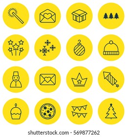 Set Of 16 Holiday Icons. Includes Holiday Ornament, Open Cardboard, Firework And Other Symbols. Beautiful Design Elements.