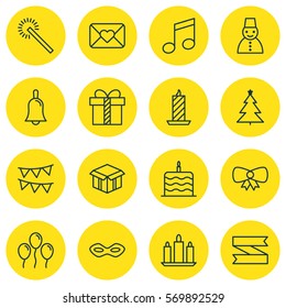 Set Of 16 Holiday Icons. Includes Open Cardboard, Carnival Face, Gift And Other Symbols. Beautiful Design Elements.