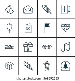Set Of 16 Holiday Icons. Includes Sled, Celebration Card, Gift And Other Symbols. Beautiful Design Elements.