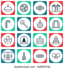 Set Of 16 Holiday Icons. Includes Celebration Cake, Sweet, Air Ball And Other Symbols. Beautiful Design Elements.