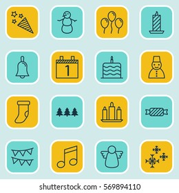 Set Of 16 Holiday Icons. Includes Agenda, Firecracker, Fireplace Decoration And Other Symbols. Beautiful Design Elements.