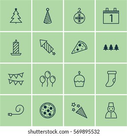 Set Of 16 Holiday Icons. Includes Decorative Flags, Holiday Ornament, Decorated Tree And Other Symbols. Beautiful Design Elements.