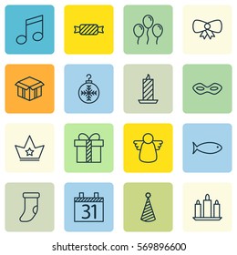 Set Of 16 Holiday Icons. Includes Date, Wax, Fishing And Other Symbols. Beautiful Design Elements.