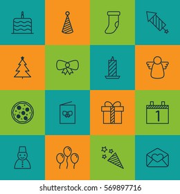 Set Of 16 Holiday Icons. Includes Butterfly Knot, Fire Wax, Snow Person And Other Symbols. Beautiful Design Elements.