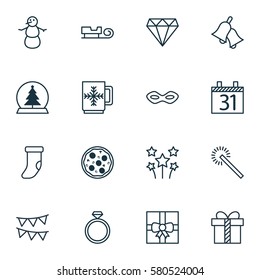 Set Of 16 Holiday Icons. Includes Decorative Flags, Gift, Winter And Other Symbols. Beautiful Design Elements.