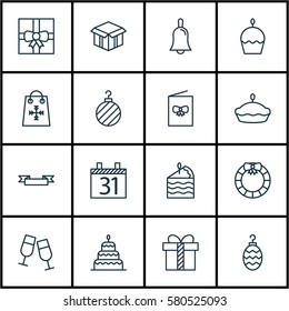 Set Of 16 Holiday Icons. Includes Birthday Cake, Celebration Card, Flan And Other Symbols. Beautiful Design Elements.