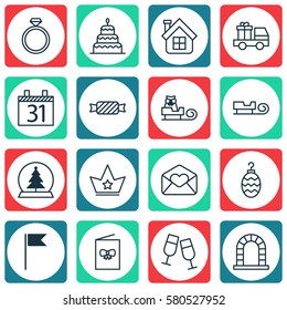 Set Of 16 Holiday Icons. Includes Arch, Celebration Card, Sleigh And Other Symbols. Beautiful Design Elements.