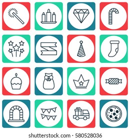 Set Of 16 Holiday Icons. Includes Present Pouch, Corona, Wax And Other Symbols. Beautiful Design Elements.