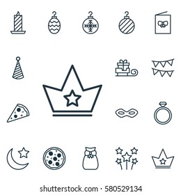 Set Of 16 Holiday Icons. Includes Decorative Flags, Crescent, Pizza Meal And Other Symbols. Beautiful Design Elements.