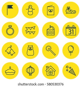 Set Of 16 Holiday Icons. Includes Present Pouch, Date, Sleigh And Other Symbols. Beautiful Design Elements.