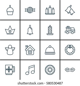 Set Of 16 Holiday Icons. Includes Toffee Candy, Handbell, Residential Symbols. Beautiful Design Elements.