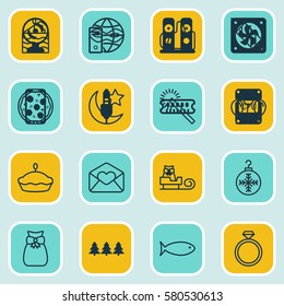 Set Of 16 Holiday Icons. Includes Sleigh, Cake Piece, Mitten And Other Symbols. Beautiful Design Elements.
