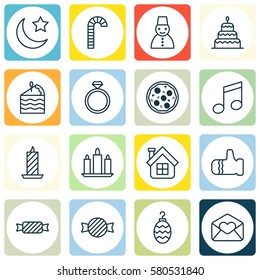 Set Of 16 Holiday Icons. Includes Mitten, Crescent, Sweet And Other Symbols. Beautiful Design Elements.