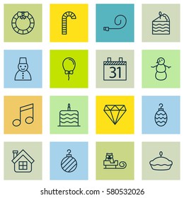 Set Of 16 Holiday Icons. Includes Crotchets, Snow Person, Balloon And Other Symbols. Beautiful Design Elements.