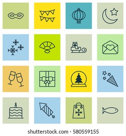 Set Of 16 Holiday Icons. Includes Firework, Magic Sphere, Decorative Flags And Other Symbols. Beautiful Design Elements.