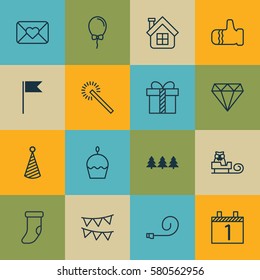 Set Of 16 Holiday Icons. Includes Decorative Flags, Mitten, Flag Point And Other Symbols. Beautiful Design Elements.