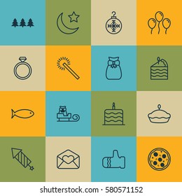 Set Of 16 Holiday Icons. Includes Present Pouch, Wedding Jewel, Cake Piece And Other Symbols. Beautiful Design Elements.