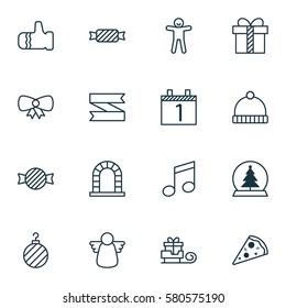 Set Of 16 Holiday Icons. Includes Mitten, Toffee Candy, Toboggan Symbols. Beautiful Design Elements.