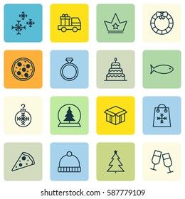 Set Of 16 Holiday Icons. Includes Lorry Birthday, Open Cardboard, Tree Toy And Other Symbols. Beautiful Design Elements.