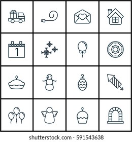 Set Of 16 Holiday Icons. Includes Winter, Celebrate Whistle, Greeting Email And Other Symbols. Beautiful Design Elements.