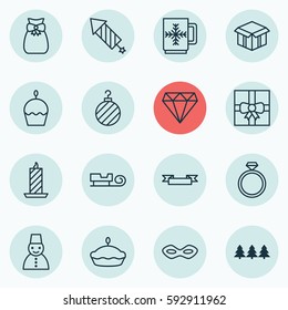 Set Of 16 Holiday Icons. Includes Flan, Snow Person, Firework And Other Symbols. Beautiful Design Elements.