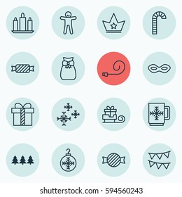 Set Of 16 Holiday Icons. Includes Celebrate Whistle, Lollipop, Toffee Candy Symbols. Beautiful Design Elements.