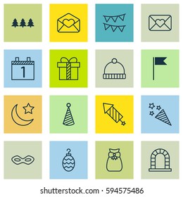 Set Of 16 Holiday Icons. Includes Celebration Letter, Holiday Ornament, Carnival Face And Other Symbols. Beautiful Design Elements.
