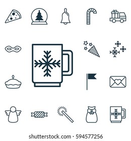Set Of 16 Holiday Icons. Includes Handbell, Sparkles, Present Pouch Symbols. Beautiful Design Elements.