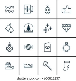 Set Of 16 Holiday Icons. Includes Toffee Candy, Mitten, Winter Cup Symbols. Beautiful Design Elements.