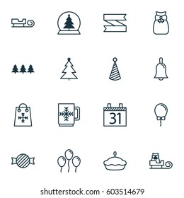 Set Of 16 Holiday Icons. Includes Toffee Candy, Balloon, Flan Symbols. Beautiful Design Elements.