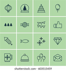 Set Of 16 Holiday Icons. Includes Air Ball, Mitten, Magic Sphere And Other Symbols. Beautiful Design Elements.